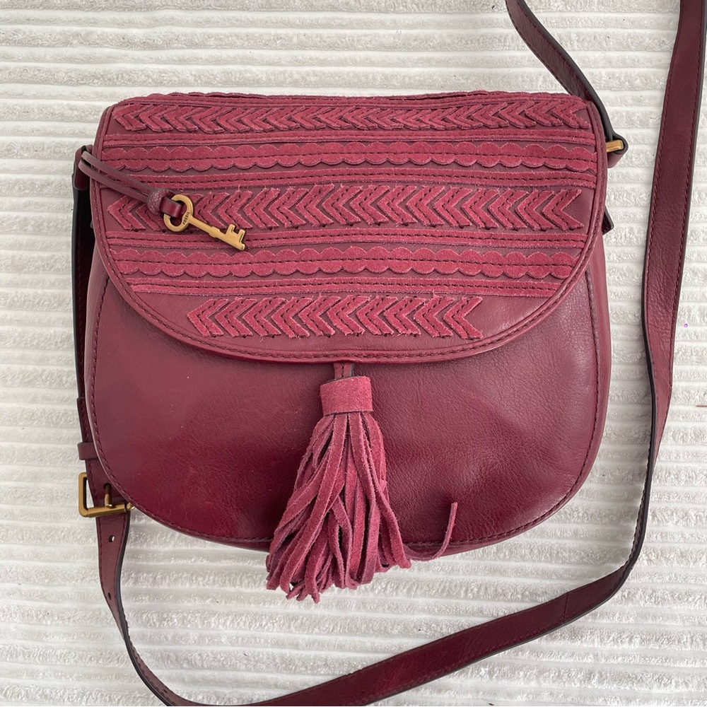 Fossil Emi Red Tassel Leather Saddle Burgundy Crossbody Bag